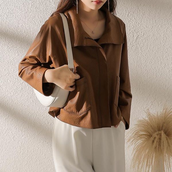 

women's leather & faux shzq small coat korean version 2021 autumn and winter sheep skin loose short motorcycle jack, Black