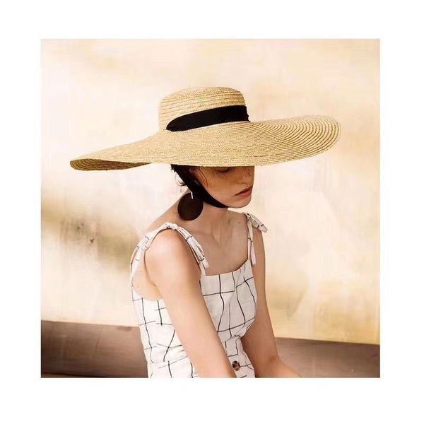 

wide brim hats women summer sunscreen beach hat 15cm and 18cm large bikini straw fashion elegant black tie with bow sun, Blue;gray