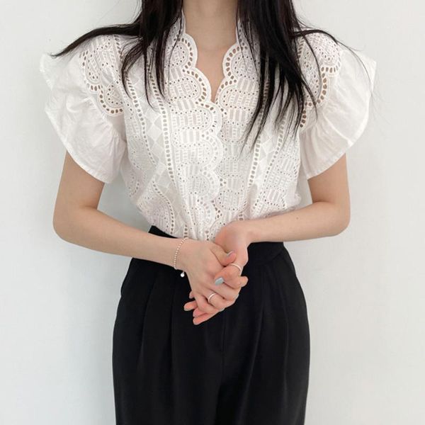 

women's blouses & shirts retro style hollow out blouse v-neck flying sleeve women shirt sweet korean chic female lace blusa, White