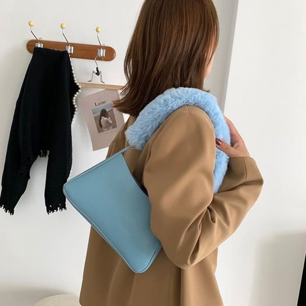 

evening bags women soft plush handle shoulder small underarm female solid color pu leather tote travel handbag and purses