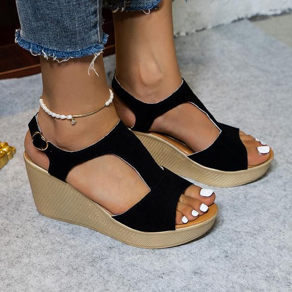 

sandals vogue women ladies fish mouth non-slip platform slope high heels buckle strap outdoor style for, Black