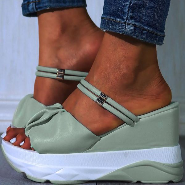 

2021 summer women casual platform shoes woman fashion high heels wedges sandals ins elegant pleated sandal footwear slippers, Black