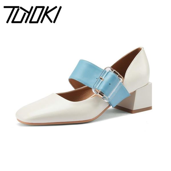 

tuyoki size 33-40 fashion women pumps square toe buckle strap mixed color thick heels sweet ladies footwear party shoes, Black