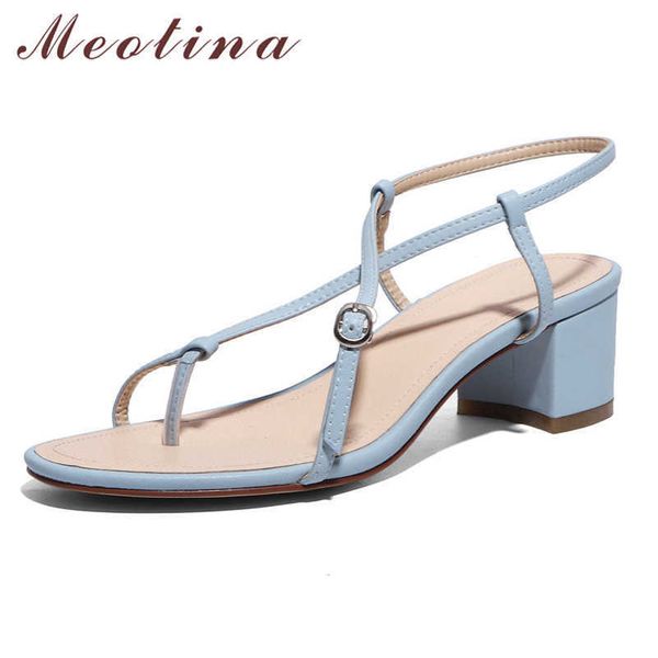 

meotina flip flops sandals real leather high heel women shoes buckle thick heels female sandals summer party shoes lady blue 43 210608, Black