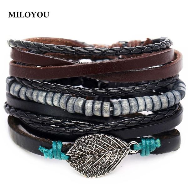 

charm bracelets miloyo vintage multiple set for men woman fashion wristbands leaf leather bracelet bangles party jewelry ml082, Golden;silver