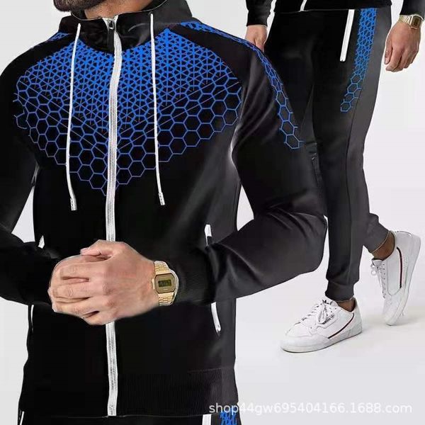 

2021 new men's leisure sports fashion printed zipper sweater set, Black