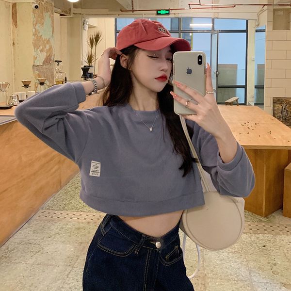 

women hoodie loose short sweater women's solid color simple harajuku style all-match blouse 2021 spring and autumn new wn*, Black