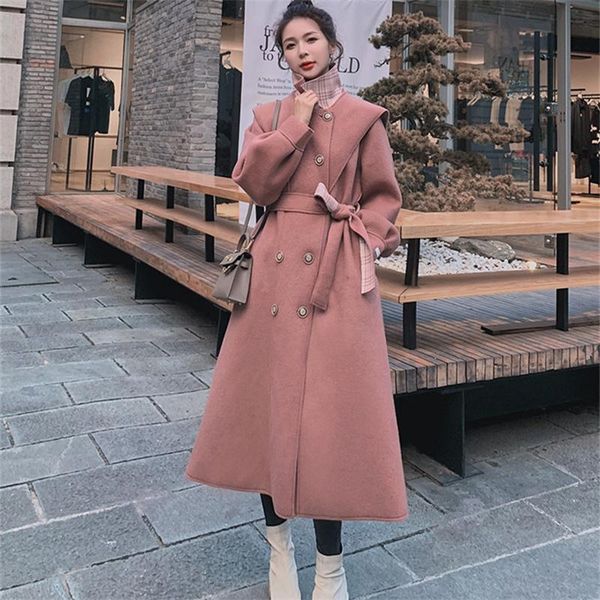 

women's wool & blends stitching woolen pink coat korean version 2021 autumn winter casual gentle all-match lady femme, Black