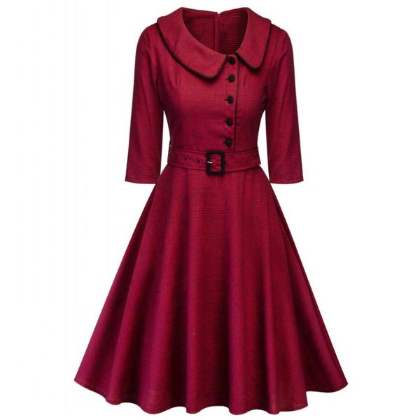 

burgundy elegant office lady plaid 3/4 sleeve vintage dress turn-down collar belt women retro gothic spring autumn dresses, Black;gray