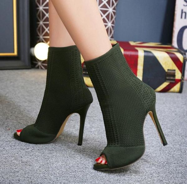 

2021 women shoesautumn designer comfortable peep toe ankle boots fashion wool socks 11cm stiletto heel black booties party shoes