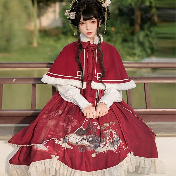 

autumn winter women vintage sweet lolita op dress cartoon dress victorian girls kawaii ruffles party princess dresses 12514, Red