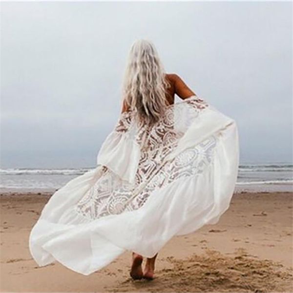 

women's swimwear white chiffon bikini cover up kaftan lace patchwork beach cardigan pareo cape women drawstring maxi dress ups, White;black