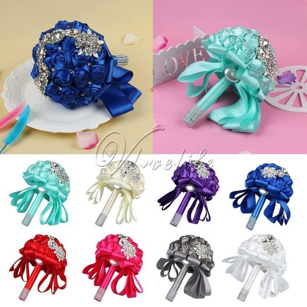 

romantic wedding flowers bridal bouquet satin rose flowers with crystal beaded rhinestone pearl ribbons for wedding decorations