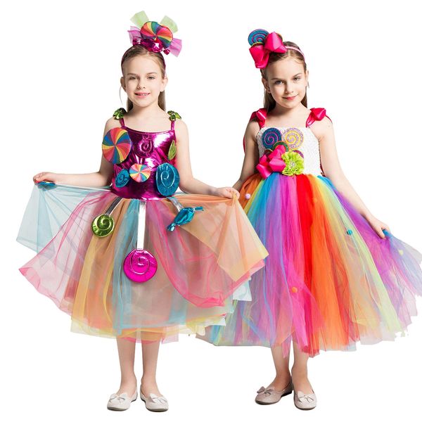 Arco-íris Doce Doce Fada Fada Garota Fato de Aniversário Crianças Arco-íris Lollipop Flor Bow Tutu Vestido e Headband para Carnaval Party 210303