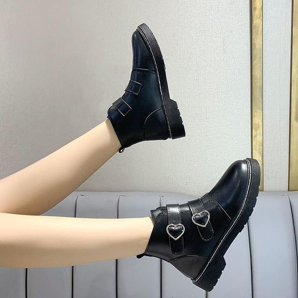 

boots women rubber ankle ladies leather shoes for flat with fur short plush female retro casual, Black