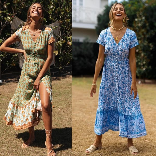 

new printed v-neck waist bohemian beach vacation dress 6jua, Black;gray