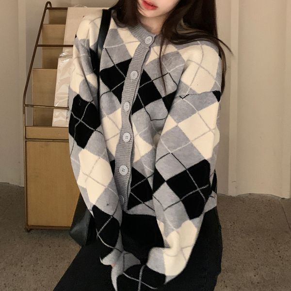 

2021 new 2colors autumn and winter korean style o neck knittd cardigans womens loose plaid vintage sweaters cardigan womens(c9908) 52ch, White;black