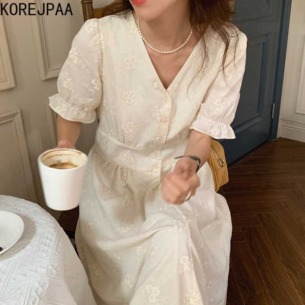 

korejpaa women dress summer gentle french v-neck heavy industry embroidered flowers single-breasted puff sleeve vestidos 210526, Black;gray