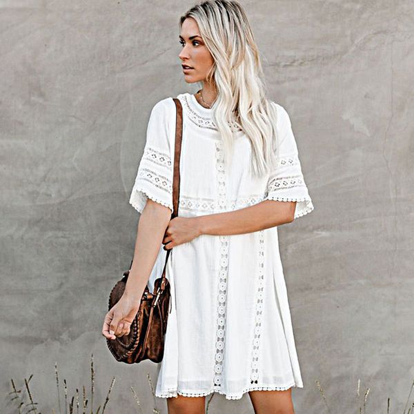 

2021 new white patchwork lace boho hollow out o-neck beach mini dresses short sleeve summer women dress vestidos (no lining) ajpz, Black;gray