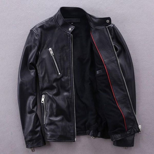 

men's leather & faux fashion mens spring autumn stand collar motorcycle genuine jacket zipper slim fit short sheepskin jackets male pun, Black
