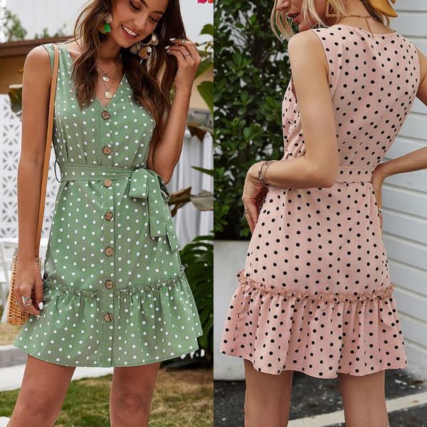 

casual dresses womail womens summer boho beach polka dot printing sleeveless with belt fashion v-neck buttons mini dress, Black;gray