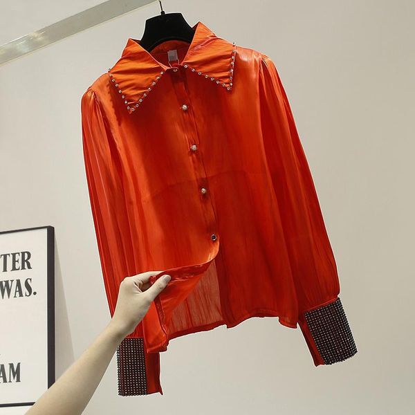 

plus size drilling organza blouse women perspective puff long sleeved shirt 2021 office lady all-match elegant blusas, White