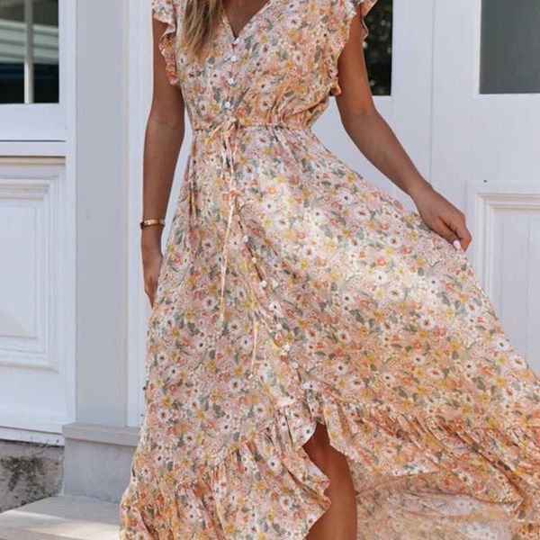 Impressão Floral Longo Drirregular Hem Boho Verão Vestidos Sashes Senhoras Gypsy Maxi Vestidos Casuais Feminino 2020 Novo X0621