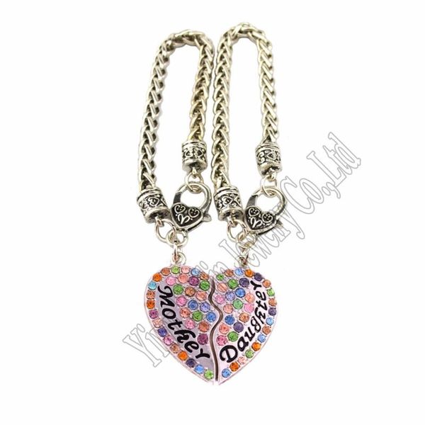 

charm bracelets 1set(1pcs mother+1pcs daughter) zinc alloy mother and daughter crystal heart pendant with wheat link chain lobster claw brac, Golden;silver