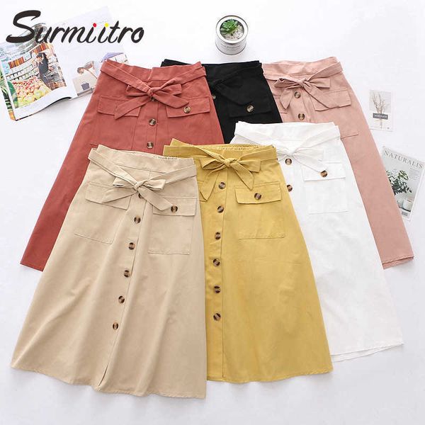 

surmiitro midi skirt women for spring summer fashion korean style single-breasted white black high waist skirt female 210712