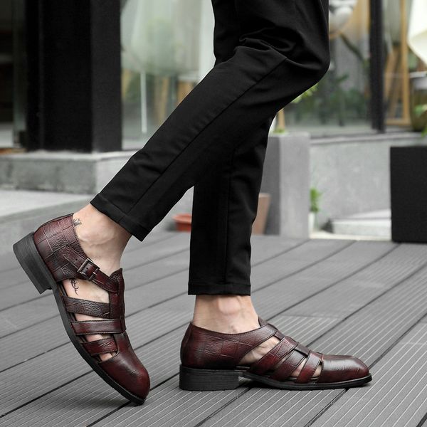 

hollow out busins drs leather shoes men's summer comfortable pointed buckle top, Black