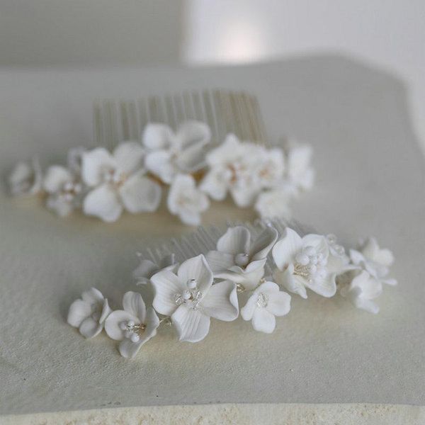 

hair clips & barrettes handmade white ceramic flowers comb gorgeous bridal accessories for wedding, Golden;silver
