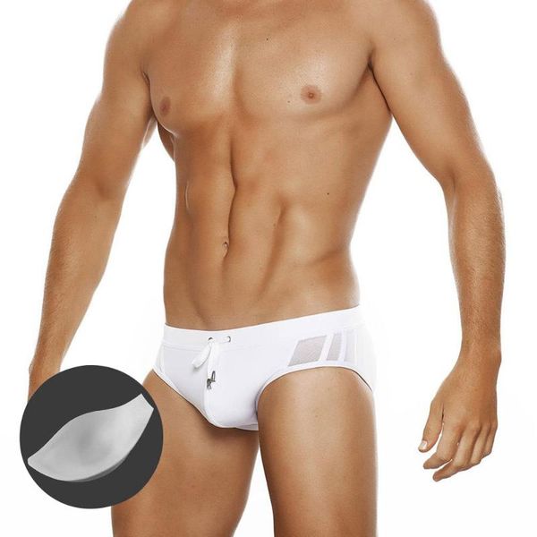 

men's swimwear bikini white mesh stitching translucent low waist triangle swimming trunks with push pad summer surfing beachwear