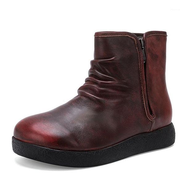 

boots 6068- leather flat-bottomed women round head thick bottom simple joker genuine women's shoes1, Black