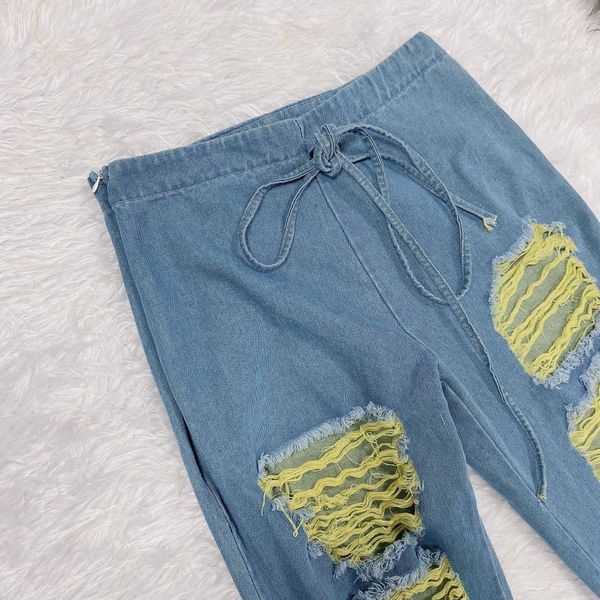 

ripped jeans for women skinny blue casual denim patchwork jeans 2020 skinny drawstring hole casual trouser jeans, Gray