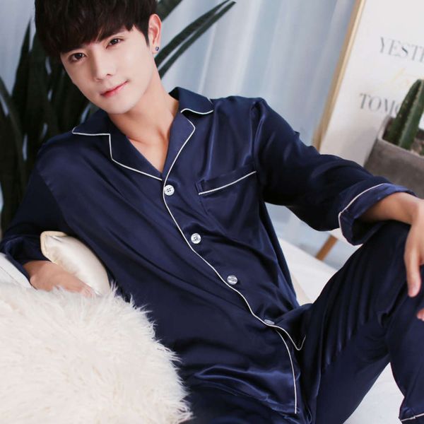 

spring silk men's long sleeve pajamas suit, Black;brown