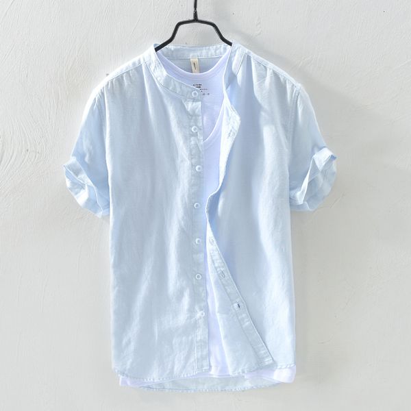 

2021 new style cotton linen sky blue men brand fashion stand collar shirt mens summer comfortable shirts dropshipping camisa lljh, White;black