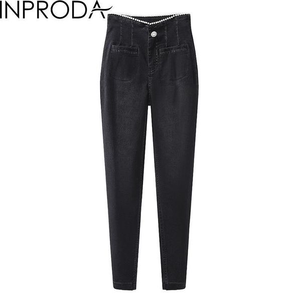 

women's jeans inproda women pants beading high waist skinny woman denim pencil black long trousers, Blue