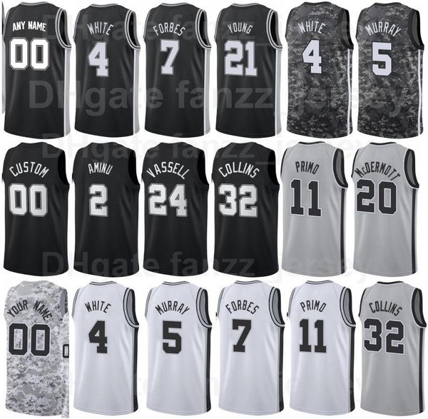 

screen print basketball dejounte murray jersey 5 thaddeus young 21 derrick white 4 bryn forbes 7 zach collins 32 keldon johnson 3 team color, Black;red
