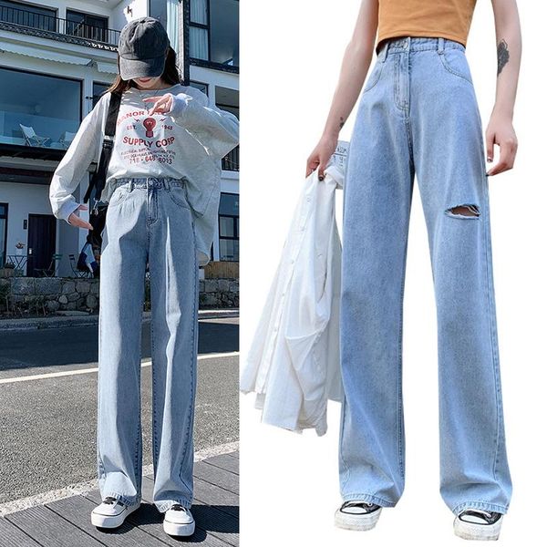 

women's jeans irregular lapel casual flared pants women cowboy stretch retro ripped wide leg, Blue