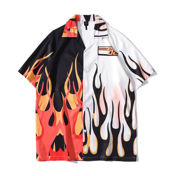 

flame patchwork hawaiian shirt men vintage street men's shirts summer holiday beach shirts for man, White;black