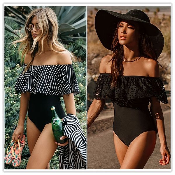

new off the shoulder solid swimwear women one piece swimsuit female bathing suit ruffle monokini swim wear xl 210315, White;black