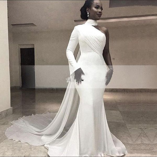 

party dresses one long sleeve mermaid prom dress chiffon wrap sweep train evening gown satin high neck, White;black