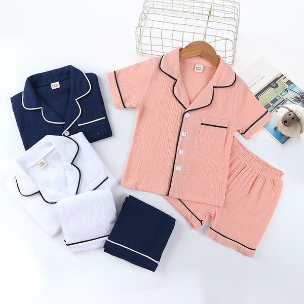 

2021 new solid color children pajamas set summer boys sleepwear suit short sleeve sleepwear+pants fashion kids clothes 3-7 years 7rwp, Blue;red