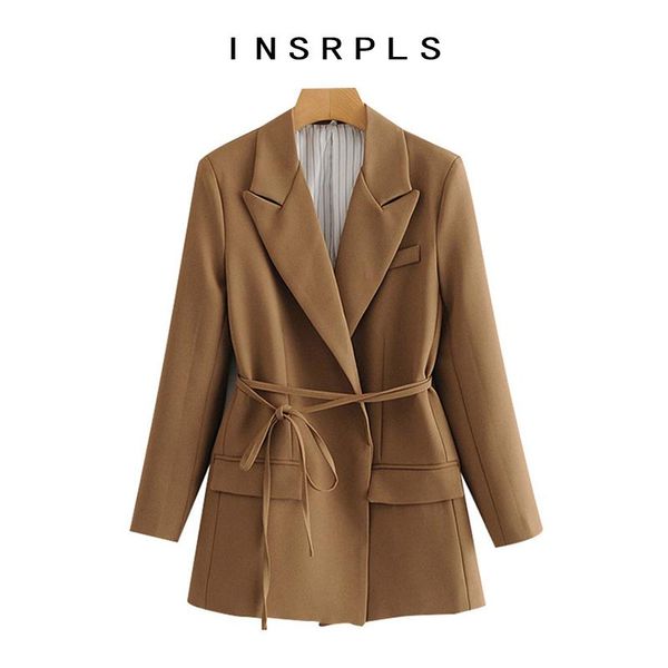 

women's suits & blazers insrpls women fashion with tied wrap coat vintage long sleeve pockets female outerwear chic, White;black