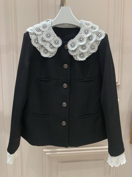 

women's jackets 2021 women fashion high-quality long-sleeved lapel water-soluble lace embroidered jacket 0823, Black;brown