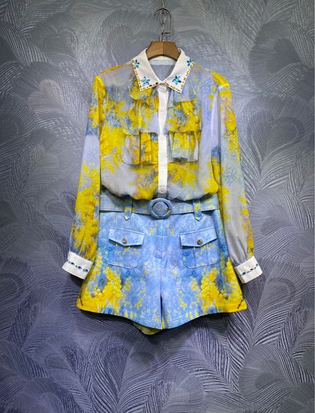 

australia spring lapel bead printed shirt + shorts set, White