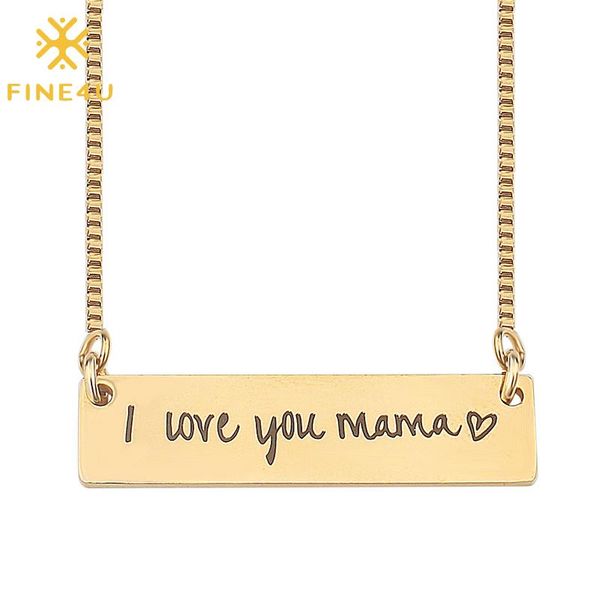 

pendant necklaces fine4u n432 engraved i love you,mom square necklace stainless steel box chain for mothers day jewelry gifts, Silver