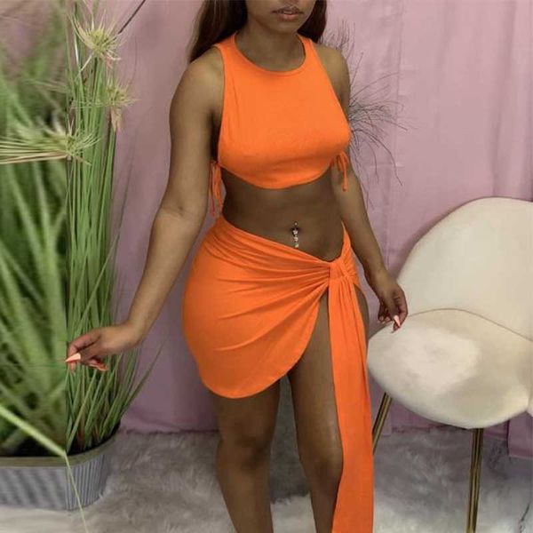 

two piece summer suits sleeveless crop & slit mini skirt set 210702, White