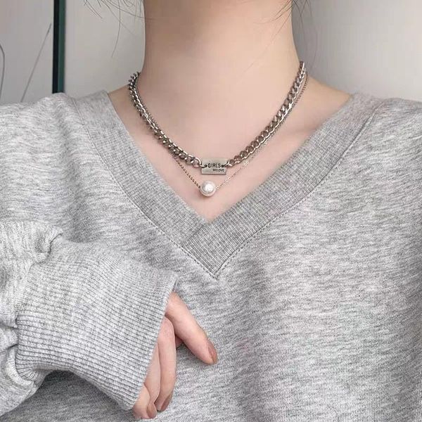 

chokers sncsdk european and american fashion double-layer letter women's necklace simple trend punk style pearl pendant clavicle chain, Golden;silver