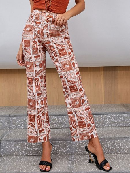 

glamaker high waist allover print pants x6ns#, Black;white